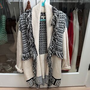 Anthropologie Pilcro Cream & Black Bouclé Fringe Open-Front Cardigan